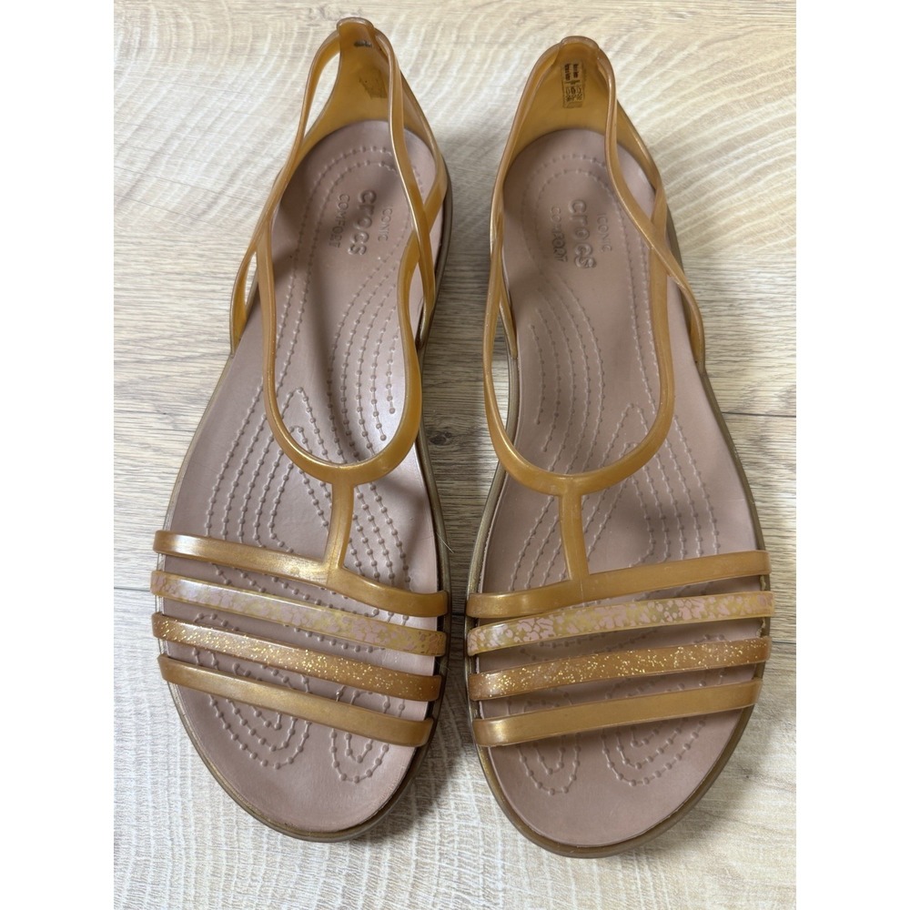 Crocs Womens Isabella Sandals 8 Bronze Gold Strappy Flat Jelly Slingback Shoes - Picture 2 of 8